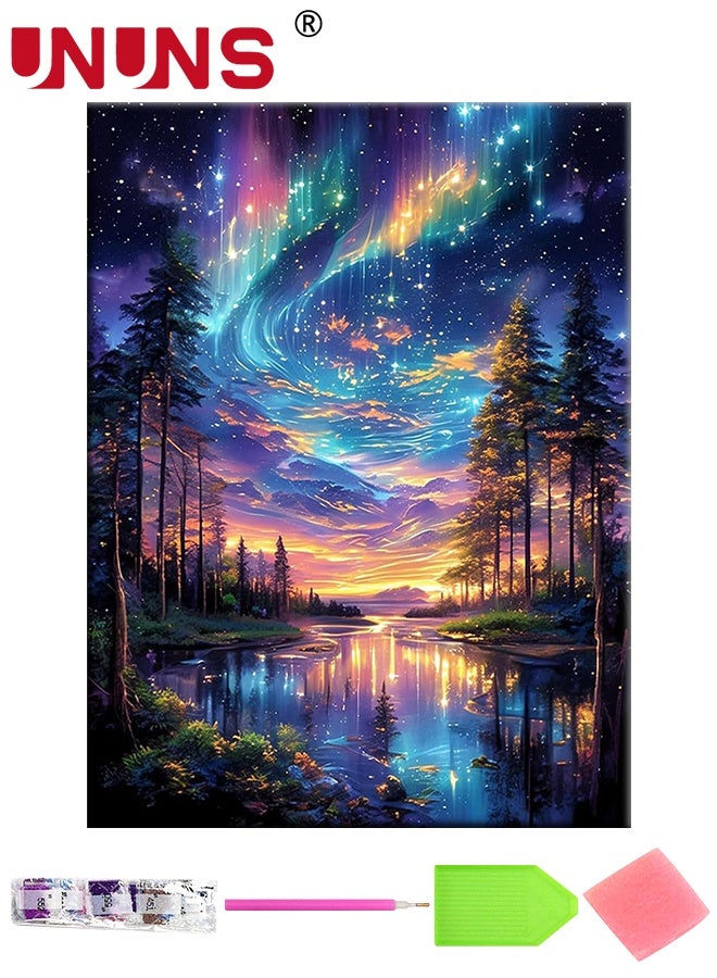 UNUNS Starry Sky Diamond Art Kits for Adults,5D Aurora Lake Diamond Painting Kits for Beginners, Fantastic Landscapes DIY Full Drill Dots Gem Art Paint for Home Wall Decor,40x50CM,Without Fame - Image 1